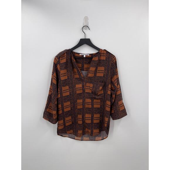 Collective Concepts Brown and Navy Patchwork Print Blouse Size Small - Picture 2 of 9
